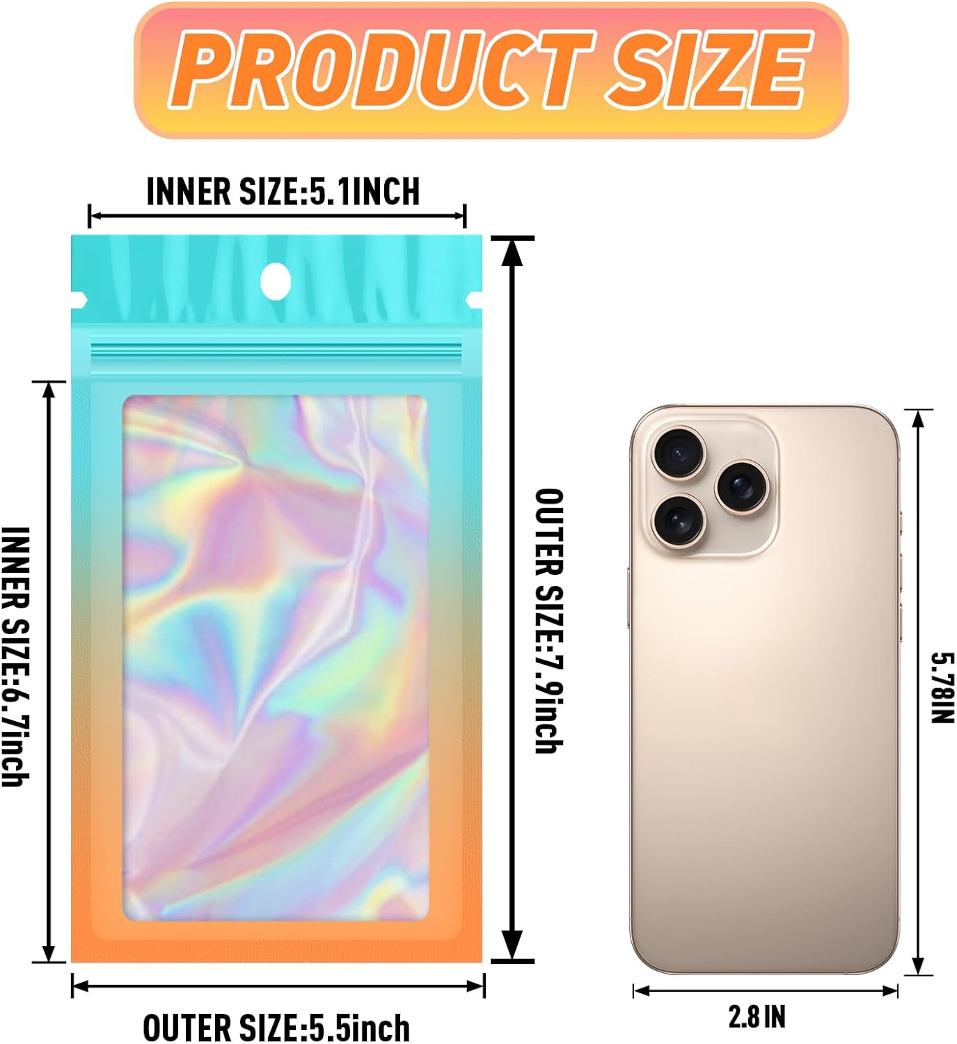 Funfery 100 Pack Gradient Holographic Bags,Mylar Resealable Bag with Zipper,Clear Window Packaging Pouch,Smell Proof Bags for Food Storage,Sample Jewelry Baggies(5.5x7.9In,Blue Orange)