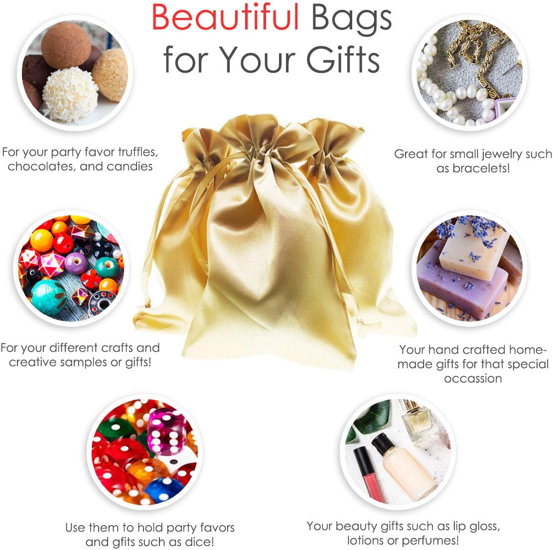 5" x 8" Gold Satin Gift Bags, Jewelry Bags, Wedding Favor Drawstring Baby Shower Christmas 50 per Pack