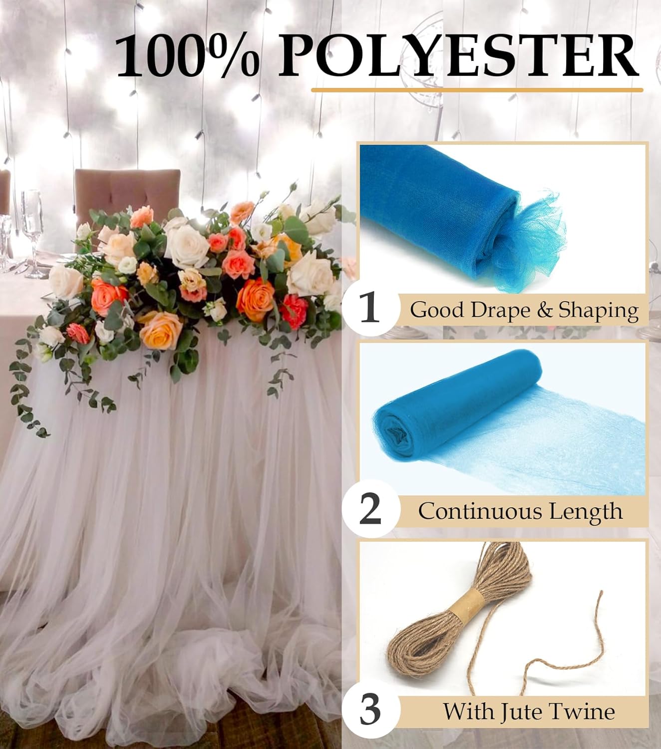 Turquoise Tulle Fabric Roll, 54" x 40 Yards (120FT) Tulle for Wedding Decoration DIY Tutu Party Backdrop Baby Shower Table Skirts Gift Wrapping