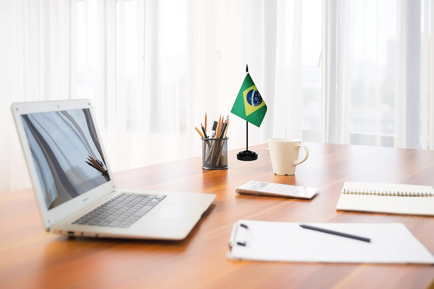 Brazil Brazilian Deluxe Desk Flag Set, Small Mini Miniature Brazil Brazilian Table Desktop Flags With Solid Pole, Black Base and Spear Top(2 Pack)