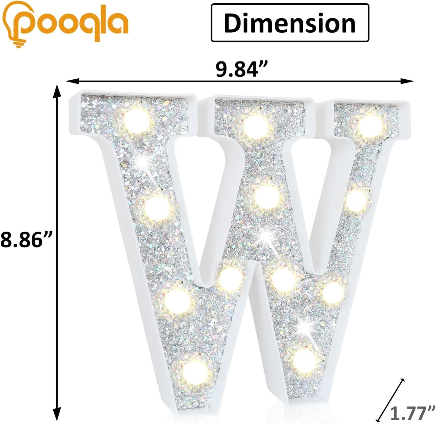 Pooqla Light Up Letters, LED Marquee Letters for Silver Birthday Decorations, Battery Powered Night Light Teenager Girl Room Decor, Gift for Girls Boys Wedding Bedroom Christmas Party Decor, Letter W