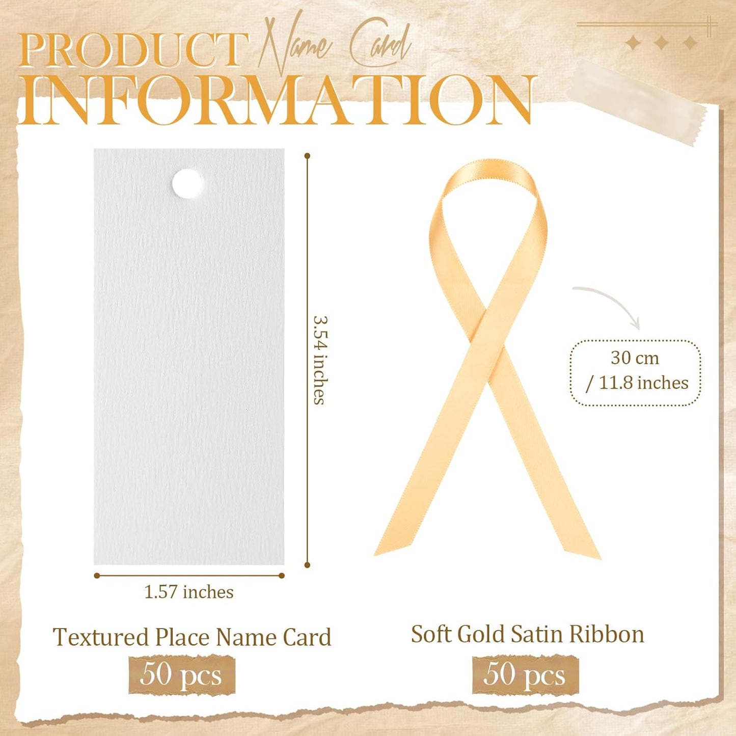 50 Pcs Name Place Cards for Table Setting Blank Wedding Place Cards with Satin Ribbon 1.57 x 3.54 Inch Hanging Gift Tags for Wedding Dinner Banquet Party Table Setting Supplies(Gold)