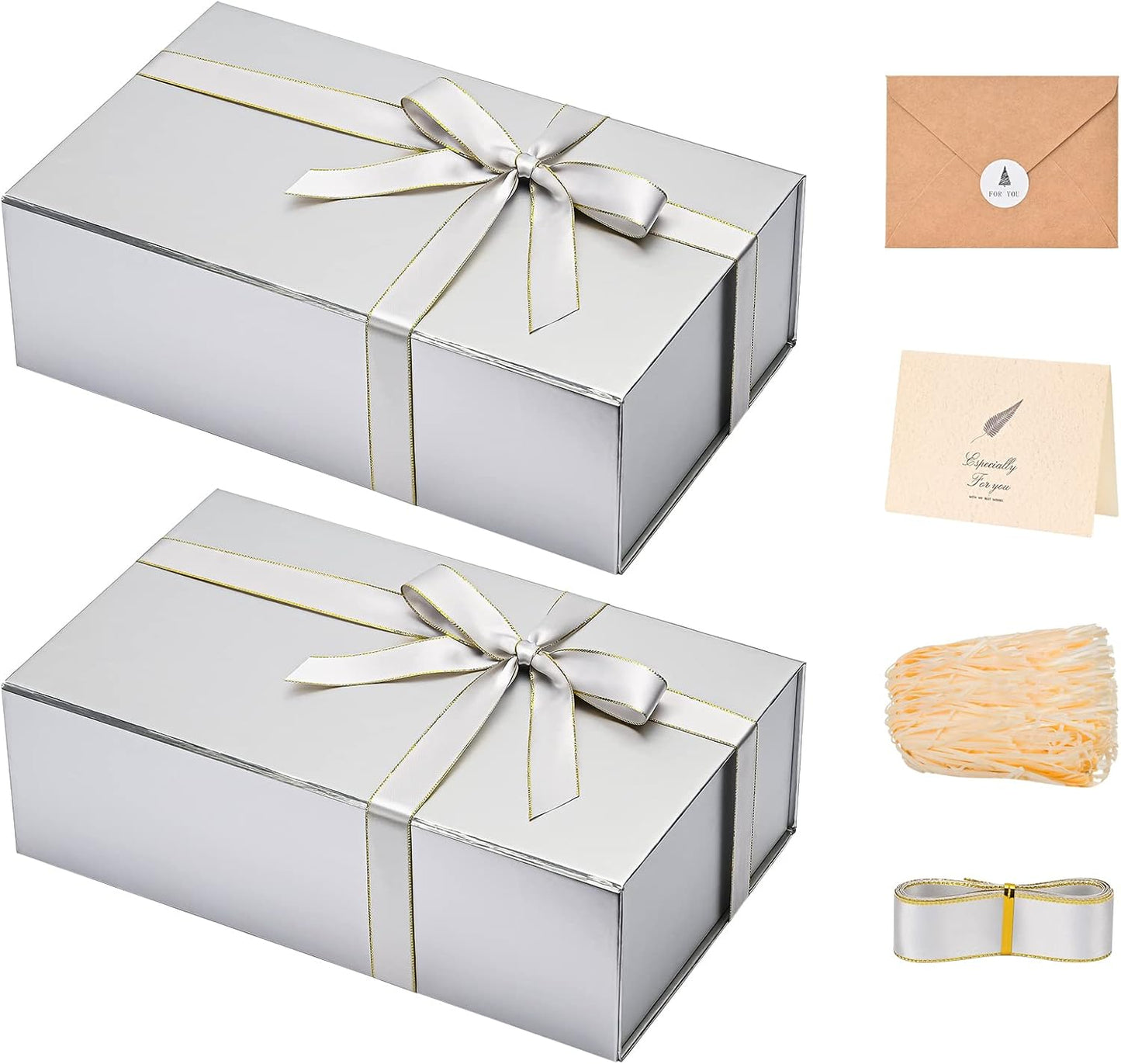 LIFELUM Large Gift Boxes with Lids,2 Pack 13.85 x 8.35 x 4.45 inch Silver Gift Boxes with Ribbon, Card, Shredded Paper Filler Gift Boxes for Presents,Graduation,Christmas,Birthdays