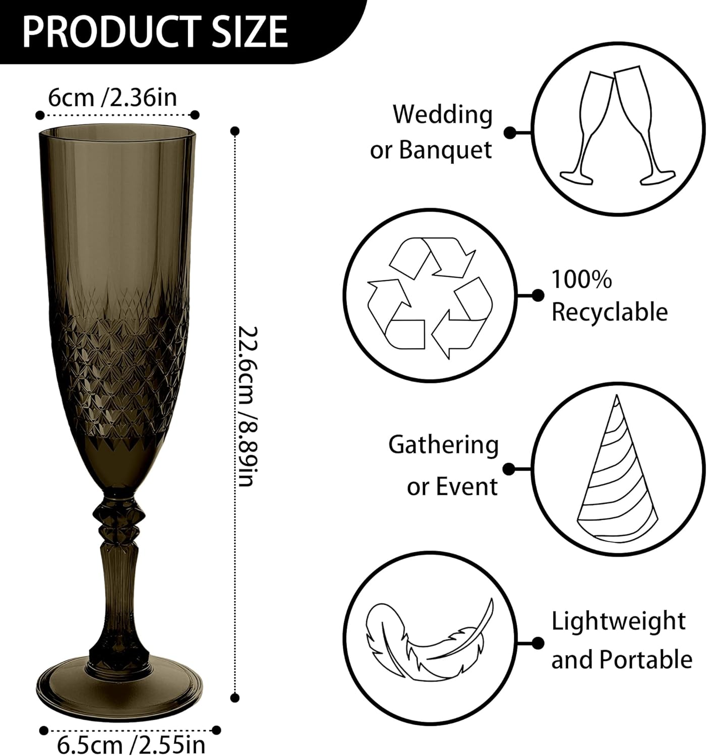 Plastic Champagne Flutes, 48PCS Black Wine Glasses Goblets Cups Reusable Flute, for Halloween Weddings Bachelor Parties Toasting and Events(48, Black)