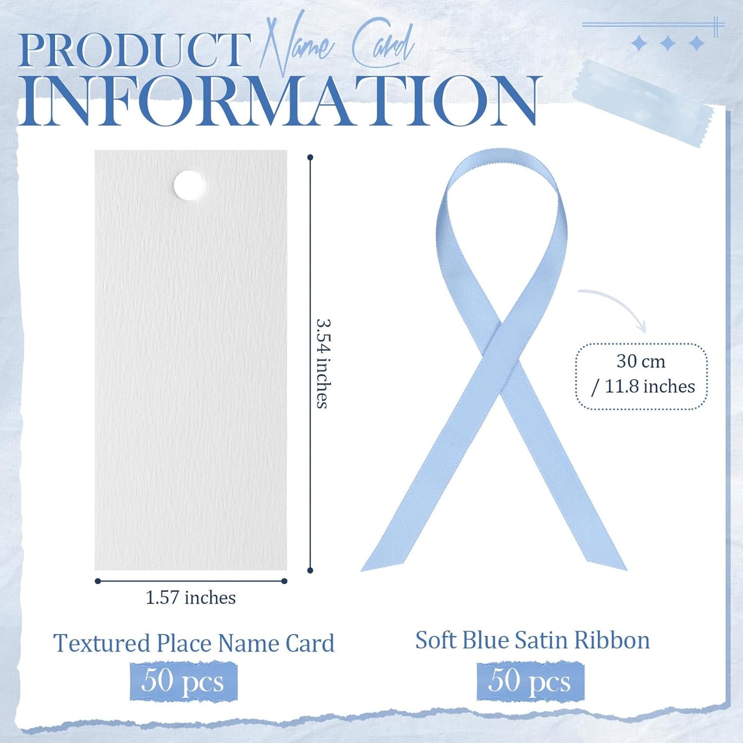 50 Pcs Name Place Cards for Table Setting Blank Wedding Place Cards with Satin Ribbon 1.57 x 3.54 Inch Hanging Gift Tags for Wedding Dinner Banquet Party Table Setting Supplies(Blue)