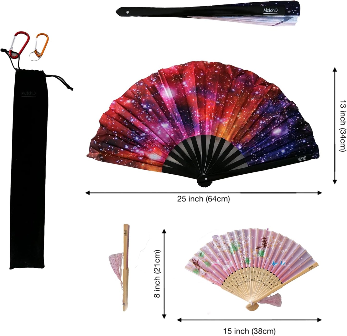 Rave Fan - Large Folding Fans (2 Pack) - Galaxy Rave Accessories for Festivals, EDM, Burlesque, Drag Queen, Raver Gifts