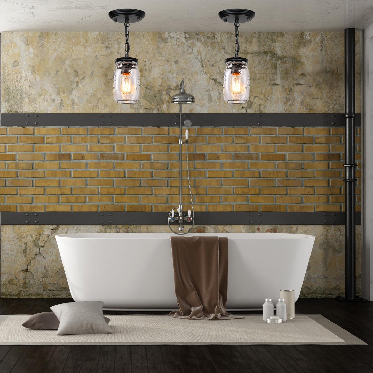 Glass Mason Jar Light Fixtures - Single Pendant Ceiling Light 1-Light Flush Mount - Black Country Farmhouse Lights for Kitchen Dining Room Foyer Stairway Hallway Entryway Porch