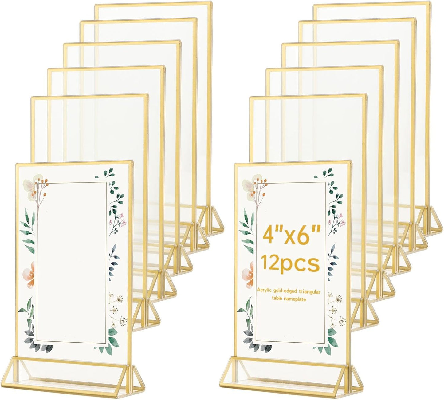 12 Pack Gold Acrylic Sign Holder 4 x 6 inch, Double Sided Gold Picture Frame Stand up Table Top Sign Holders, Wedding Table Number Frames Vertical for Party, Home, Office(4 x 6inch)