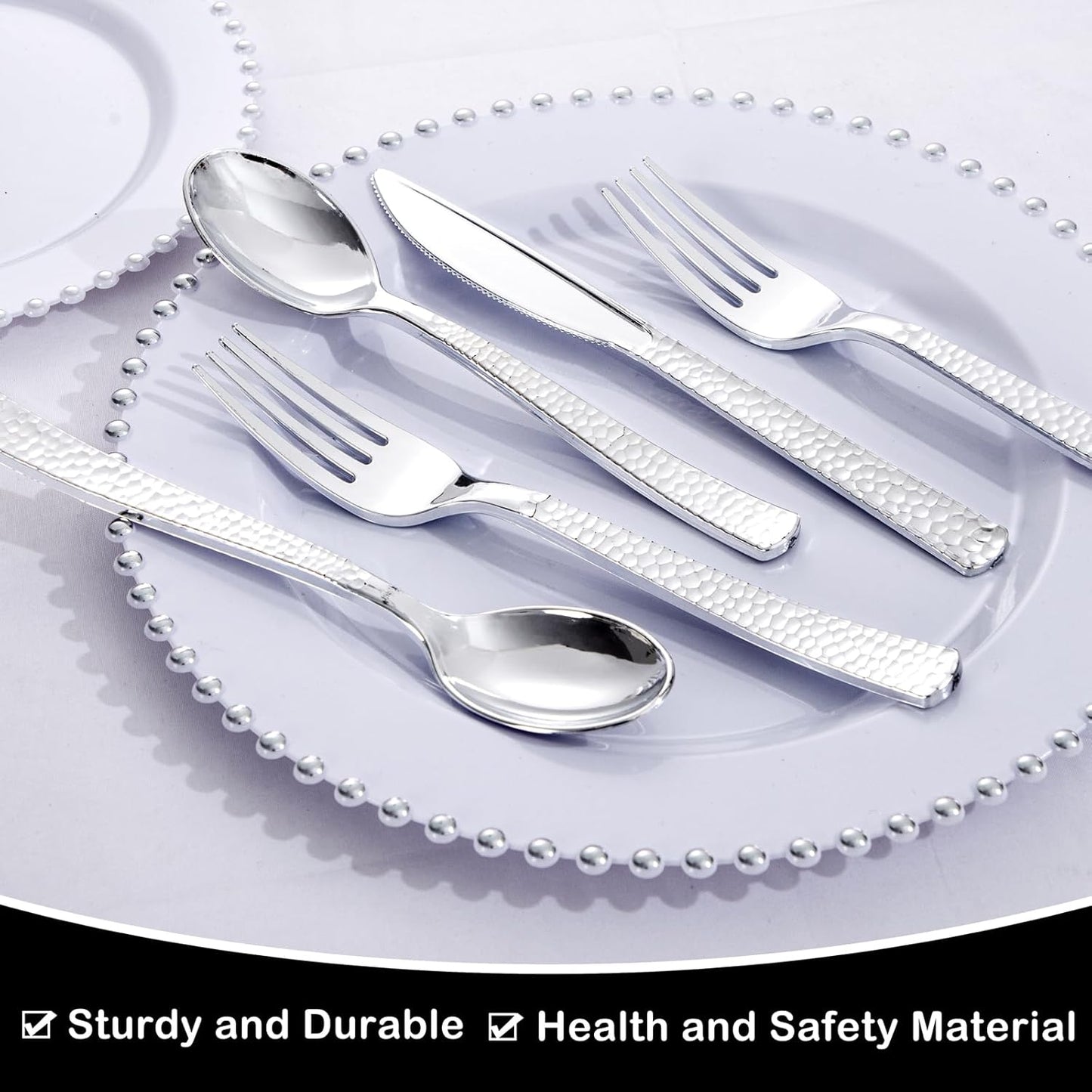 Supernal 180 pieces Silver Plastic Silverware, Disposable Plastic Silverware Heavy Duty, Silver Disposable Cutlery Sets Include 60 Forks, 60 Knives and 60 Spoons Suitable for Birthday, Party, Wedding