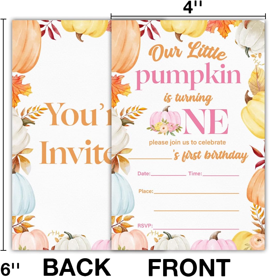 Pumpkins First Birthday Party Invitations for Baby Girl Little Pumpkin 1st Birthday Party Fill in Invites Cards With Envelopes (20 Count), Double Sided Design
