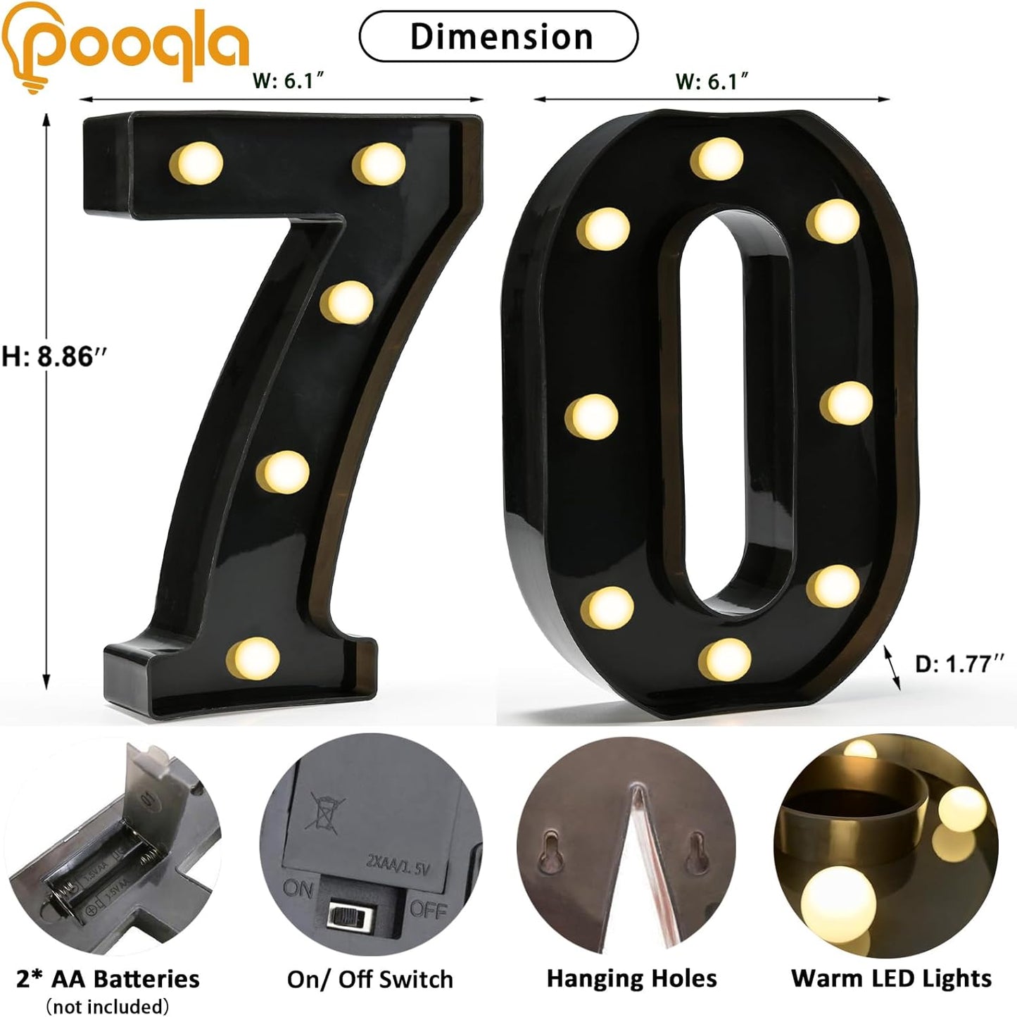 Pooqla Light Up Numbers, Lighted Marquee Number Sign for 70th Birthday Party Decor, Battery Powered LED Number Lights for 70 Party Decor, Lights Sign for Wall Home Anniversary, Decoration 70