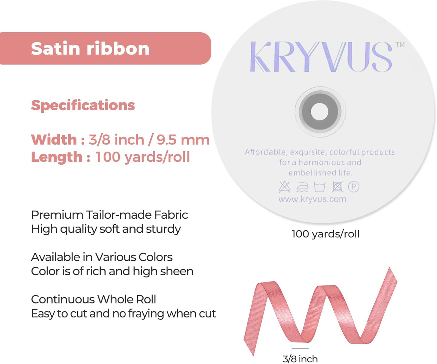 Rose Gold Satin Ribbon 3/8 inch X Continuous 100 Yards, Single Face Polyester Ribbon Perfect for Gift Wrapping, Flower Bouquet, Wedding Decor, Crafts, Bow Making, Sewing and More