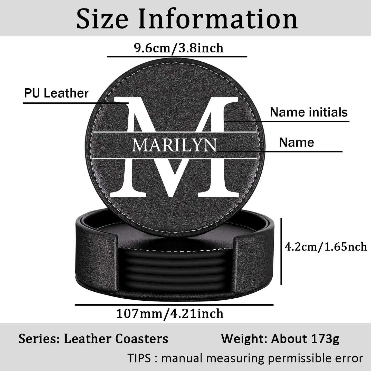 Custom Coasters Set of 6, Personalized Leather Coasters for Drinks with Holder, Customized Coasters Name, Photo, Logo for Coffee Table Bar Wine Cup Housewarming