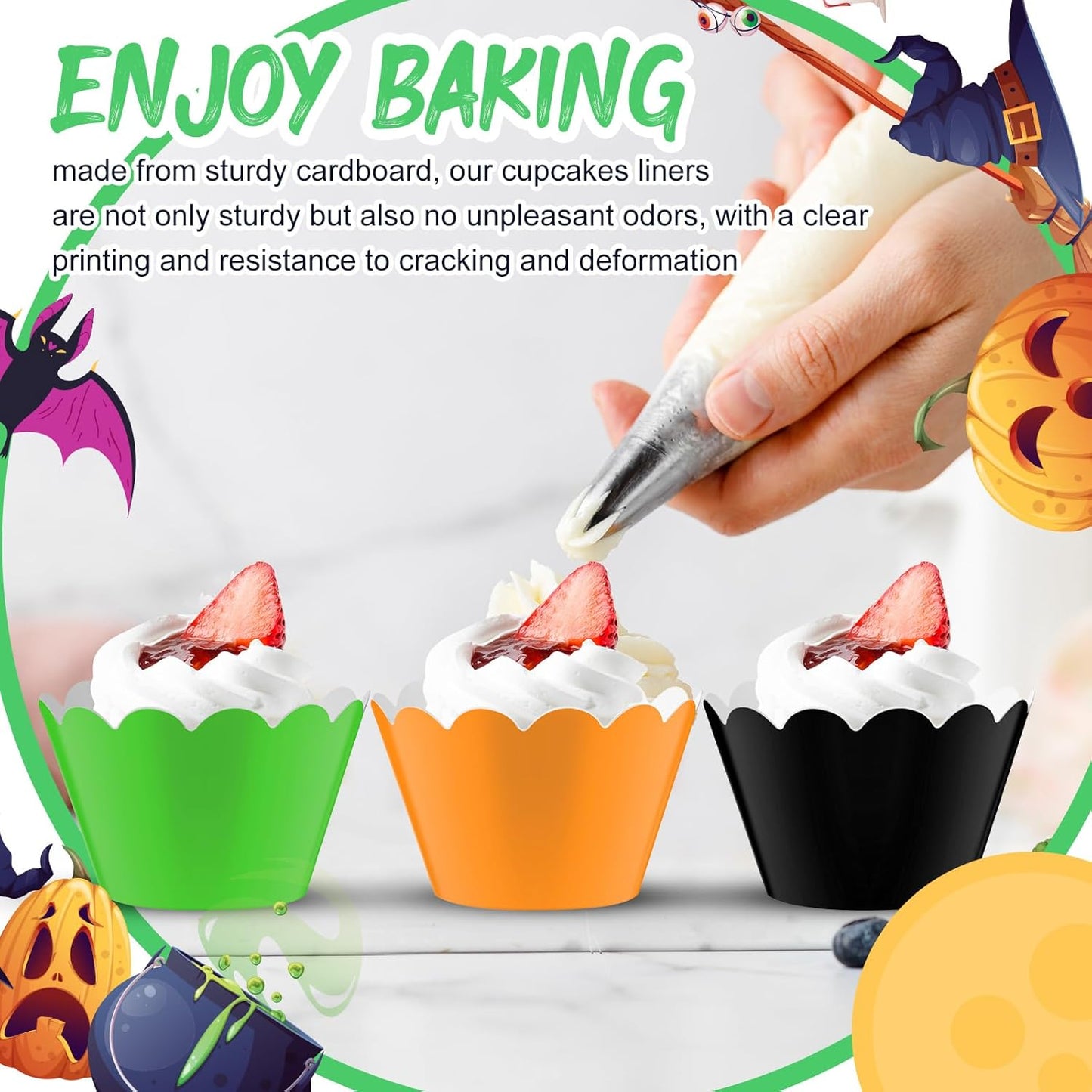 Domensi 100 Pcs Halloween Cupcake Wrappers Rustic Cupcake Liners Orange Black Purple Green Baking Cups Baking Liners for Wedding Bridal Baby Shower Birthday Halloween Party Supplies Dessert Decoration
