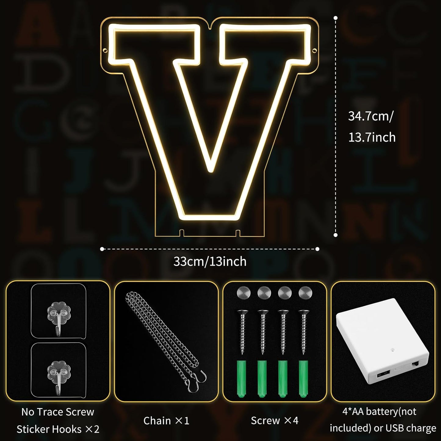 Light Up Letters V, Led Marquee Letter Lights Neon Sign, 13.7" Height Decorative Lighted Alphabet Number, Battery/USB Powered Led Letters Lights for Wedding, Birthday, Party, Christmas or Home Decor