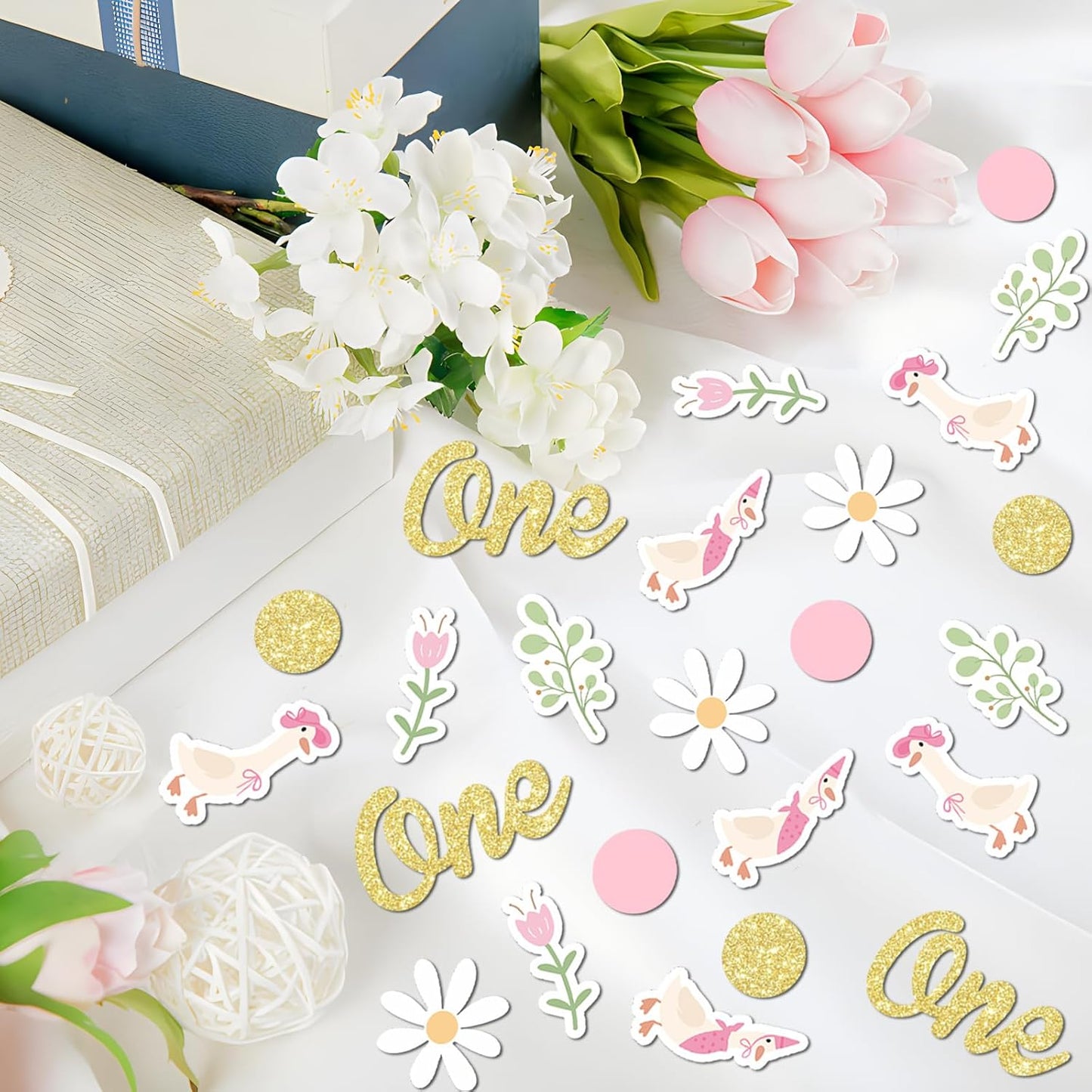 220PCS One Silly Goose Birthday Decor for Girl, Goose Dot Leaves Flower 1st Birthday Confetti for Pink and Gold First Bday Decorations.