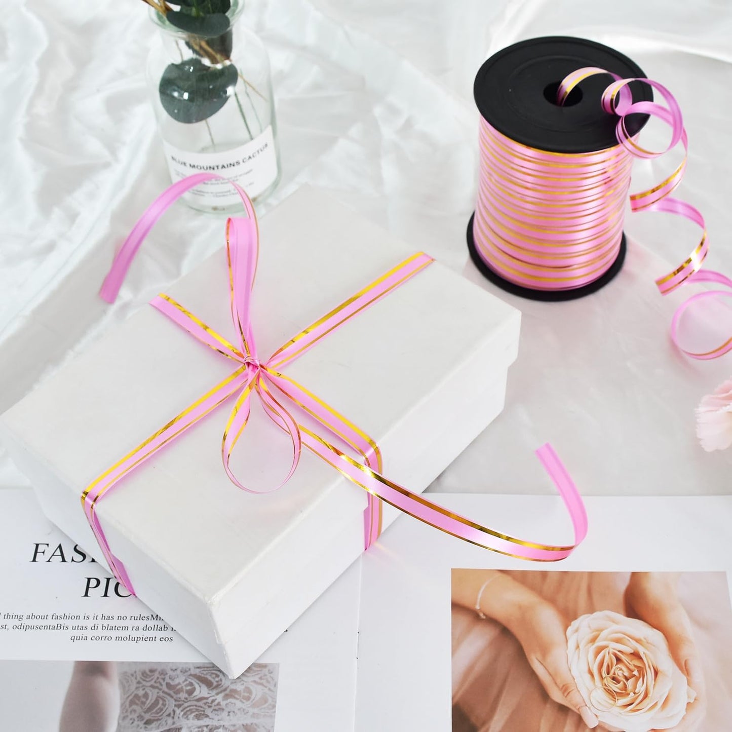 TONIFUL Curling Ribbon-Pink Gold Balloon Curling Ribbons-250 Yards Balloon String for DIY Decor,Gift Wrapping,Ribbons and Bows for Christmas New Year Birthday Gifts Graduation Supplies