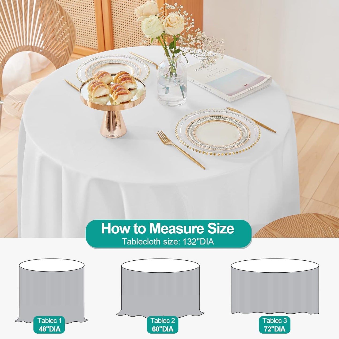 EMART Round Tablecloth White (6 Pack) 132 inch Circular Polyester Table Cover for Wedding Decor, Birthday Party, Banquet and Formal Events