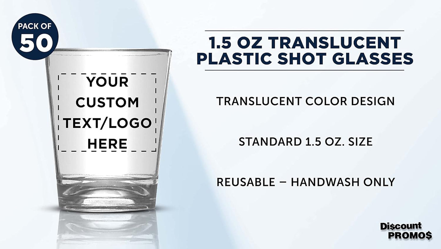 DISCOUNT PROMOS Custom Translucent Plastic Shot Glasses 1.5 oz. Set of 50, Personalized Bulk Pack - Acrylic, Great for Wedding, Party, Birthday, Gifts - Clear