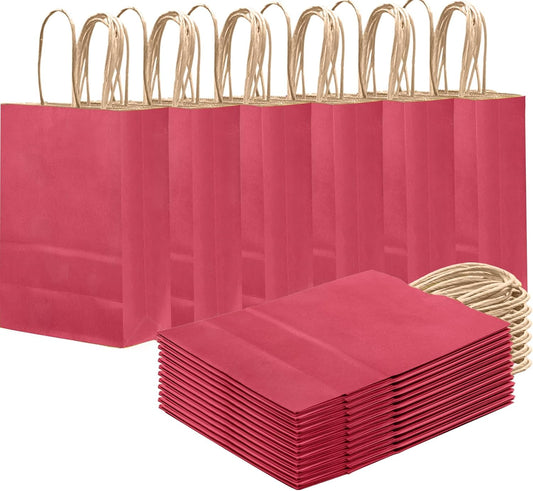 qiqee Bright Pink Gift Bag with Handles Bulk 24Pcs Paper Bags -8.3"x6"x3. 15" Party Favor Bags - Solid Color