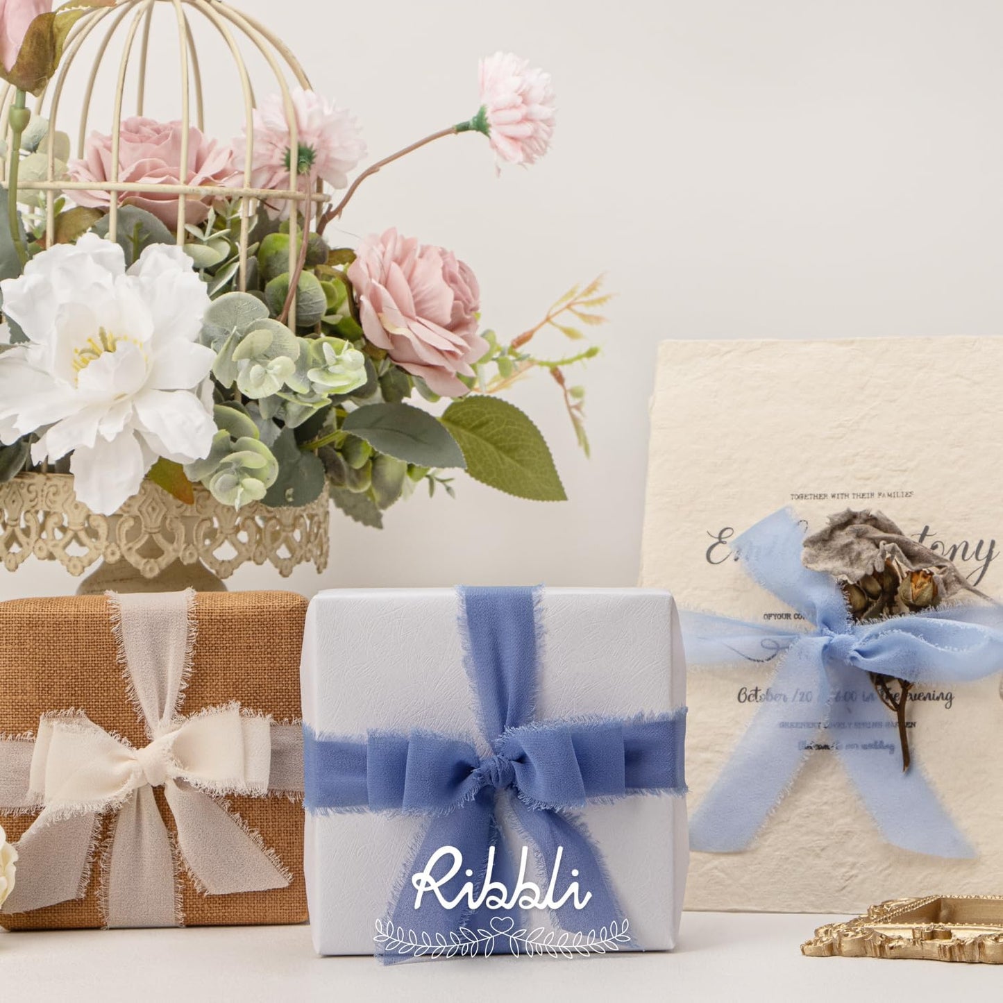 Ribbli Blue Ribbon 1 Inch x 3 Rolls Total 24 Yards Cream/Blue/Dusty Blue Handmade Fringe Chiffon Silk Ribbon for Wrapping Wedding Invitations Bridal Bouquets DIY Crafts Home Decor