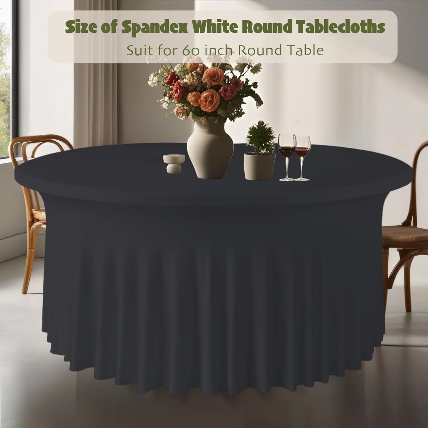 10 Pack Black Round Spandex Tablecloths for 60in Tables, 120Inch Stretchy Fitted 5FT Round Table Clothes,Wrinkle Free Table Cover with Skirt for Wedding Party Dining Banquet