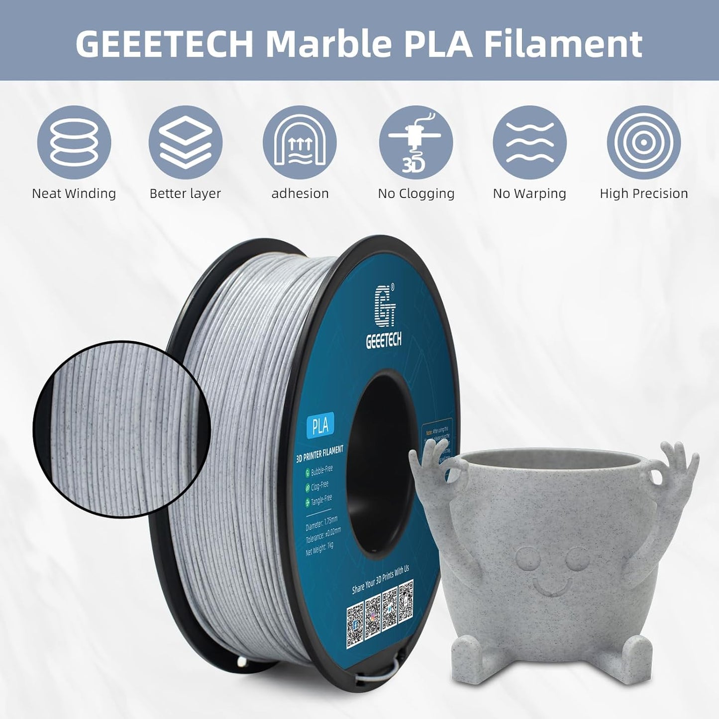 Geeetech Marble PLA 3D Printer Filament, Stone-Like Appearance, 1kg Spool (2.2lbs), 1.75mm Dimensional Accuracy +/- 0.02 mm, Marble White-Grey Color