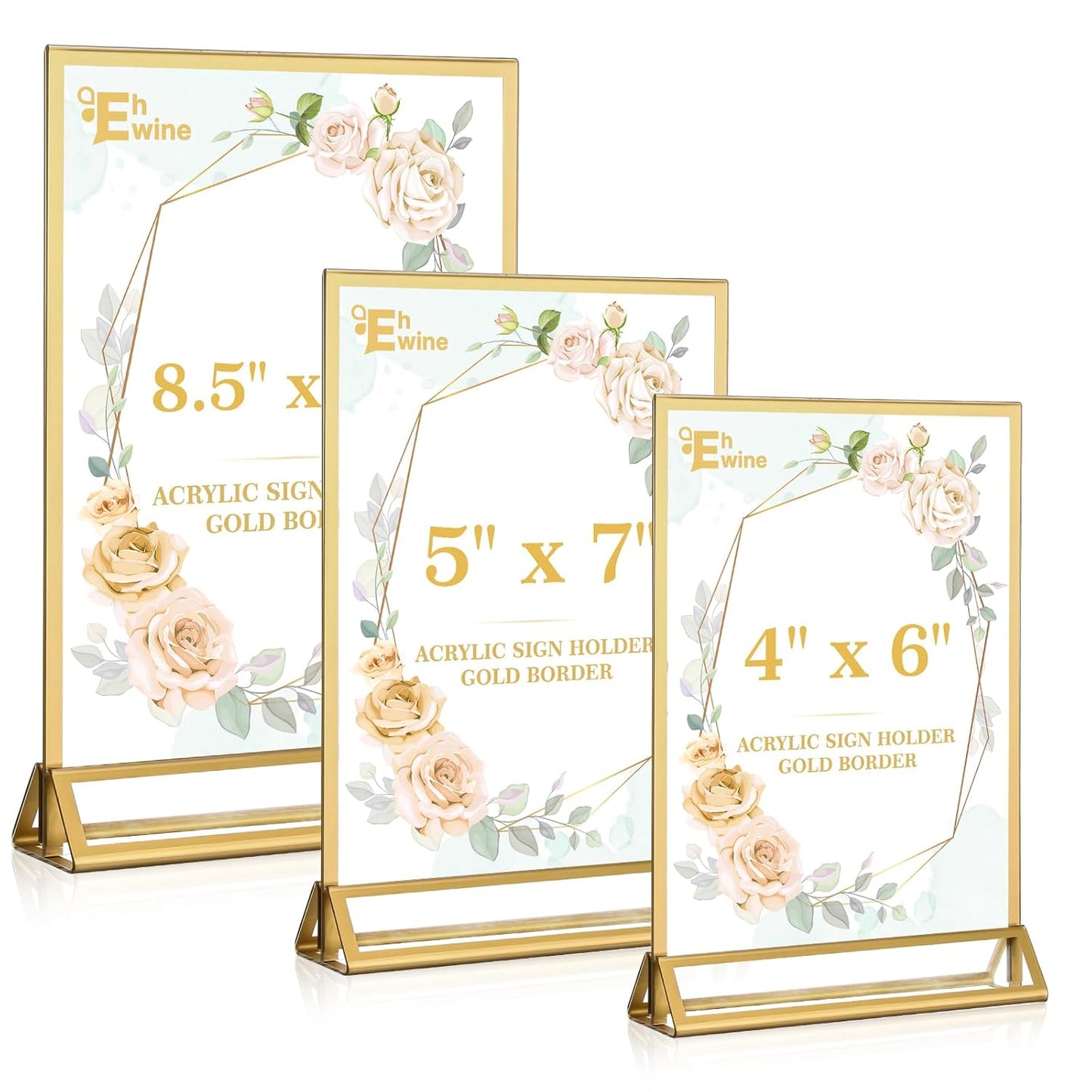 EHWINE 14 Pack 5×7 Clear Acrylic Sign Holder with Gold Borders and Vertical Stand, Double Sided Table Menu Holders Picture Frames for Wedding Table Numbers, Restaurant Signs, Photos and Art Display