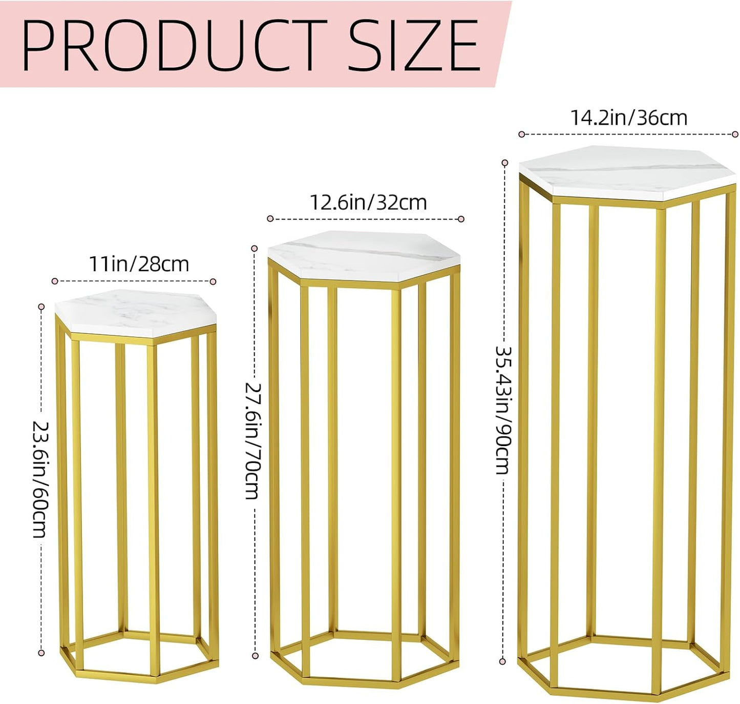Urban Deco Cylinder Stands for Party, Set of 3 Gold Metal Hexagon Cake Pedestal Stand with Marbled Countertop, Flower Plant Pedestal Stands for Display Parties Wedding Birthday Decor, 3PCS, Gold
