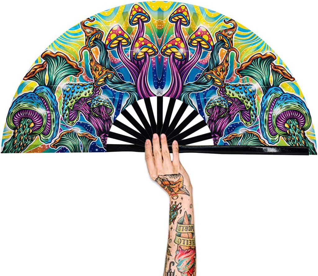 13" Large Rave Fan Bamboo, Folding Clack Hand Fans Foldable for Men Women, Boots on the Ground Poping Fan for EDM Festival Line Dance Decoration, (Magic Mushroom2, Large 13")