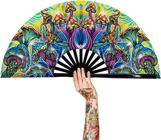 13" Large Rave Fan Bamboo, Folding Clack Hand Fans Foldable for Men Women, Boots on the Ground Poping Fan for EDM Festival Line Dance Decoration, (Magic Mushroom2, Large 13")