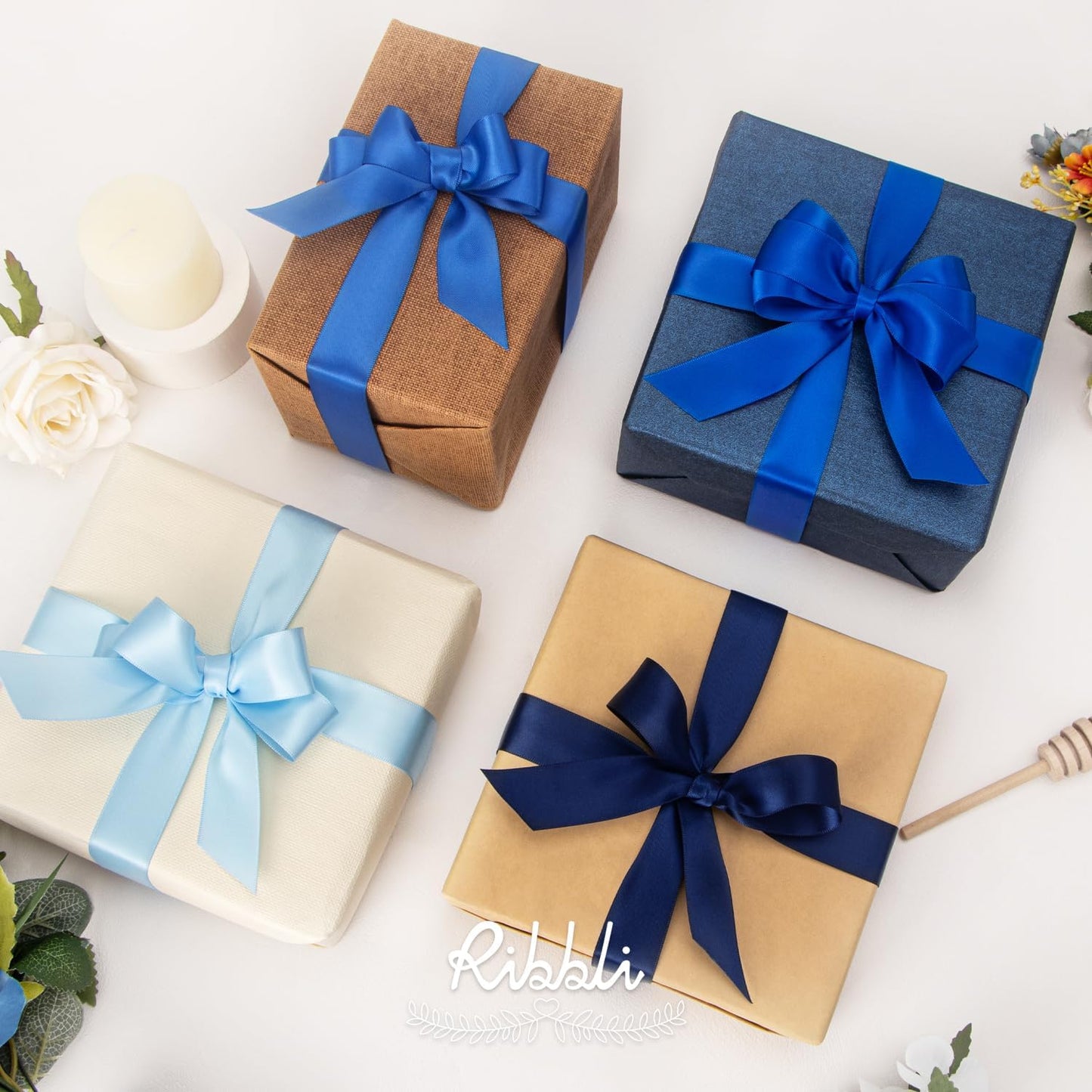 Ribbli Blue Satin Ribbon 1 Inch x 4 Rolls Total 40 Yards- Baby Blue/Royal Blue/Electric Blue/Navy Ribbon for Gift Wrapping Craft Wedding Decoration