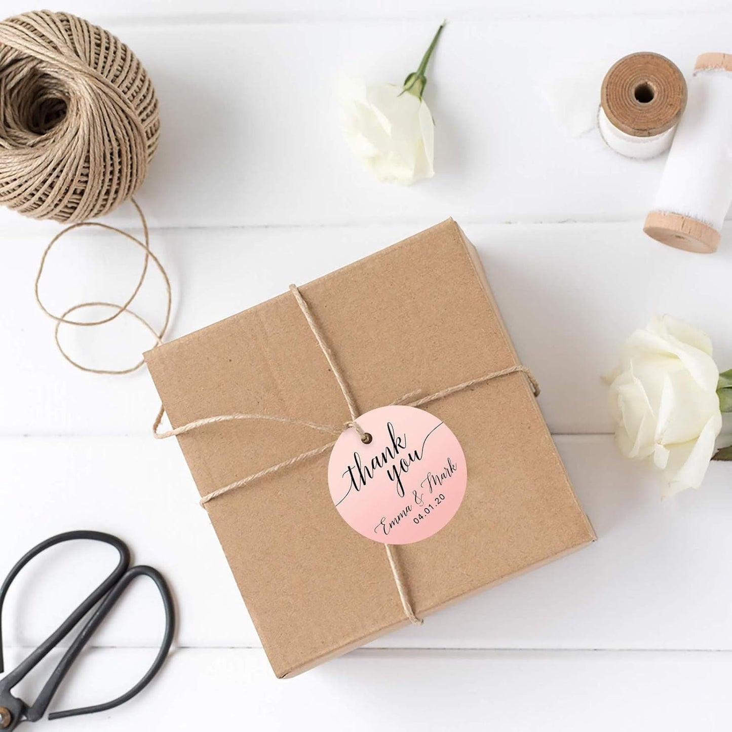 Andaz Press Personalized Blush Pink Rose Elegant Party Collection, Round Circle Tags, Thank You Olivia & John 04.14.20, 24-Pack, Custom Favors Decor