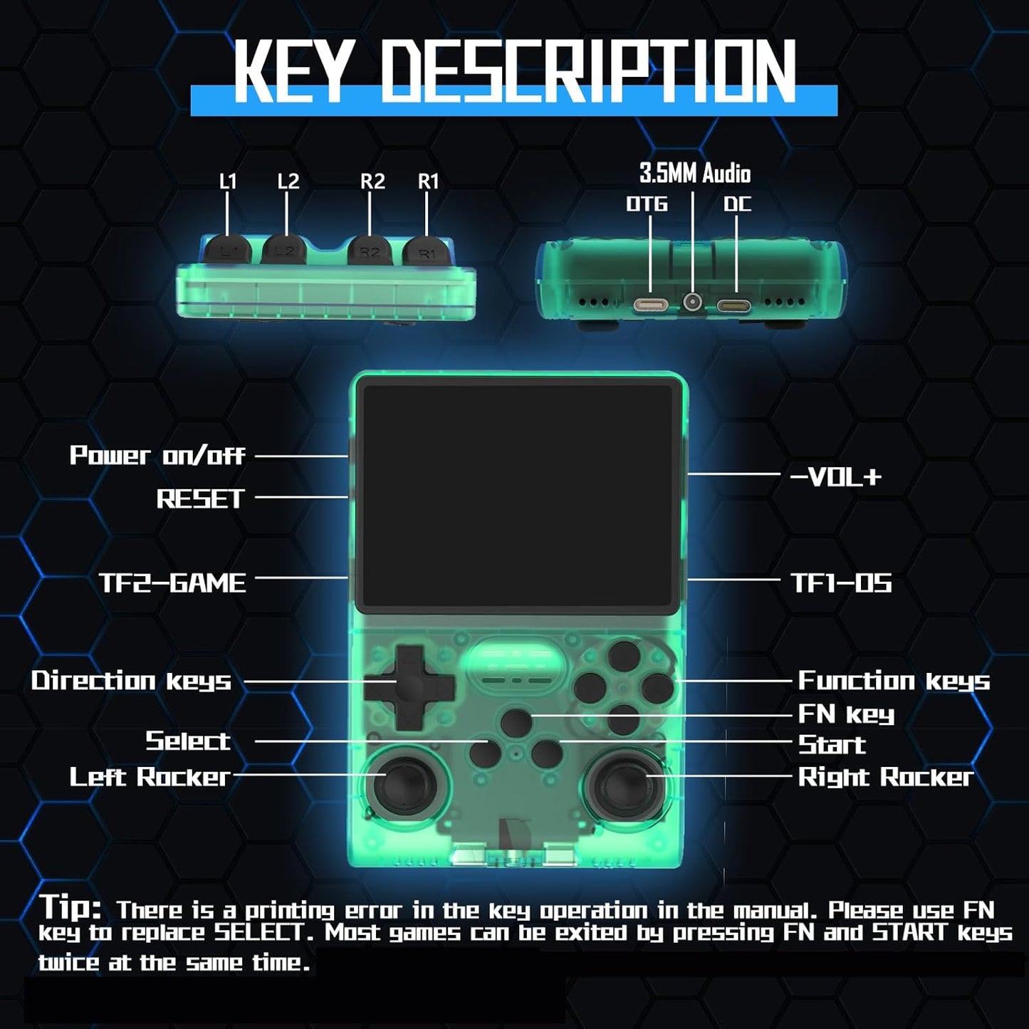 FVBADE[30000 in 1] R40S PRO Handheld Game Console 3.5 inch IPS Screen Mini Retro Console 3800mAh Portable Pocket Arcade 45+ Mainstream Emulator 256G TF Card Transparent.(Green)