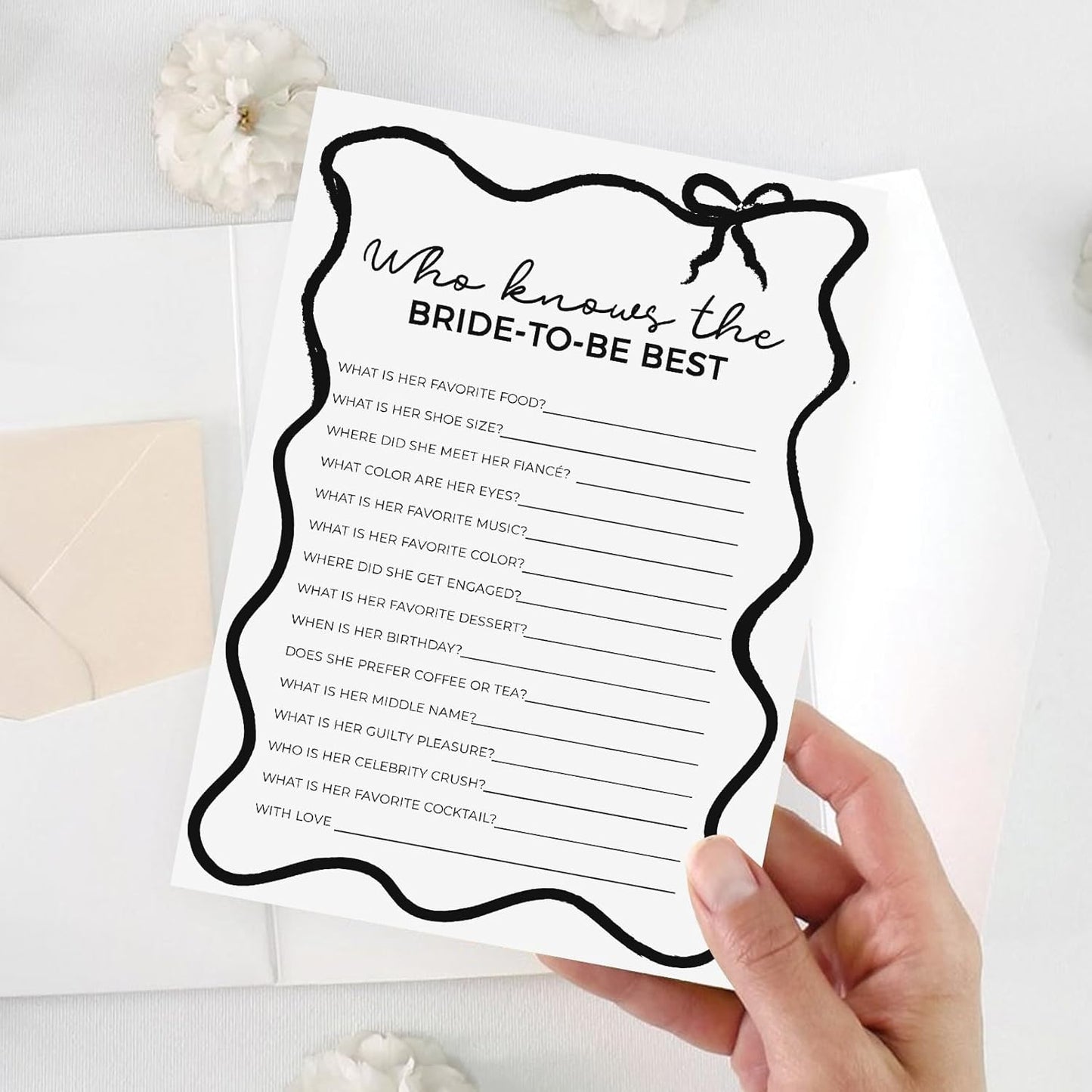 DEEKA 30 PCS Bridal Shower Games Card for 30 Guests Black Wavy Border Ribbon Bow Funny Wedding Bachelorette Party Games for Reception (Who Knows The Bride-to-be Best)