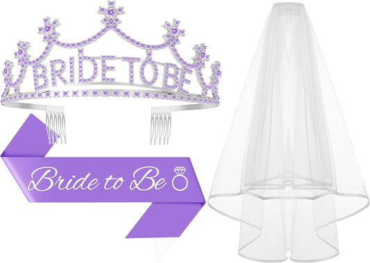3Pcs Bride to Be Crown with Sash and Veil for Bachelorette Party Decorations，Bridal Shower Accessories for Gift, Favors