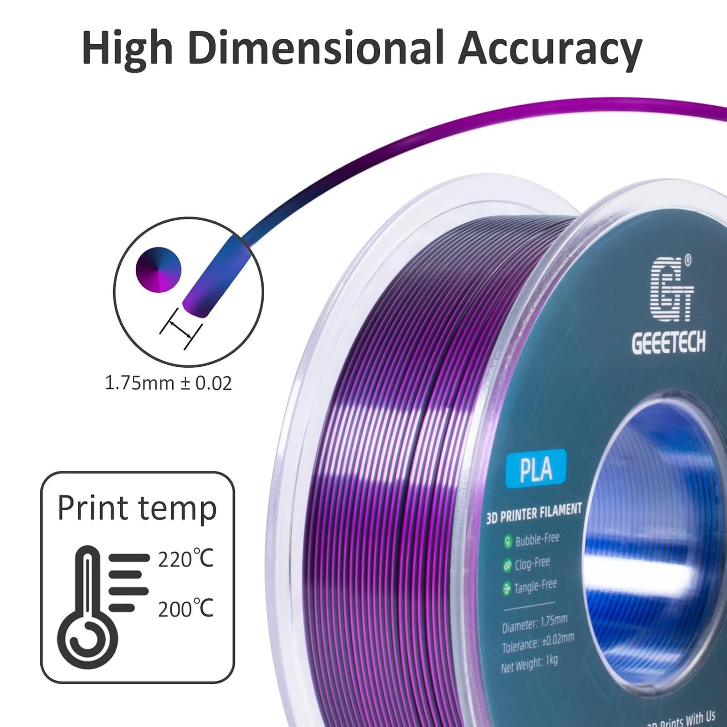 Geeetech Silk PLA Tri Color Filament 1.75mm 3D Printer Filament, Coextrusion Blue Purple Black Tri-Colors Metal-Like Shiny Silk PLA Filament, 1kg (2.2lbs) 1 Spool, Dimensional Accuracy +/- 0.02 mm