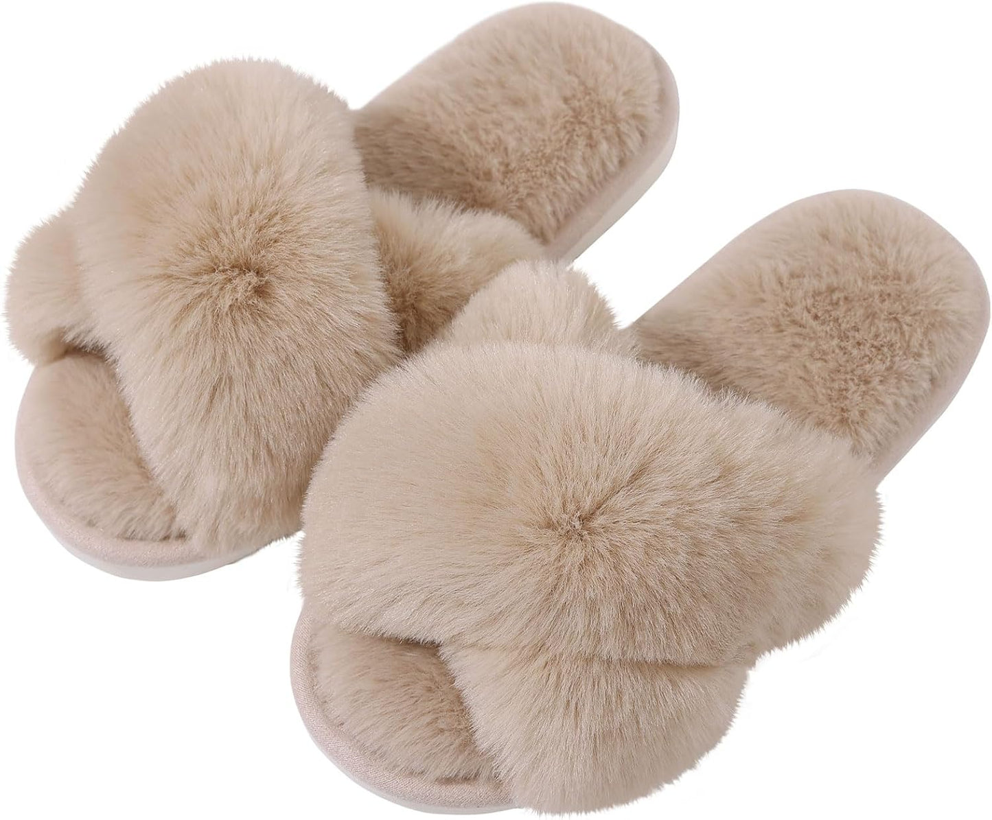 Evshine Women's Fuzzy Slippers Cross Band Memory Foam House Slippers Open Toe