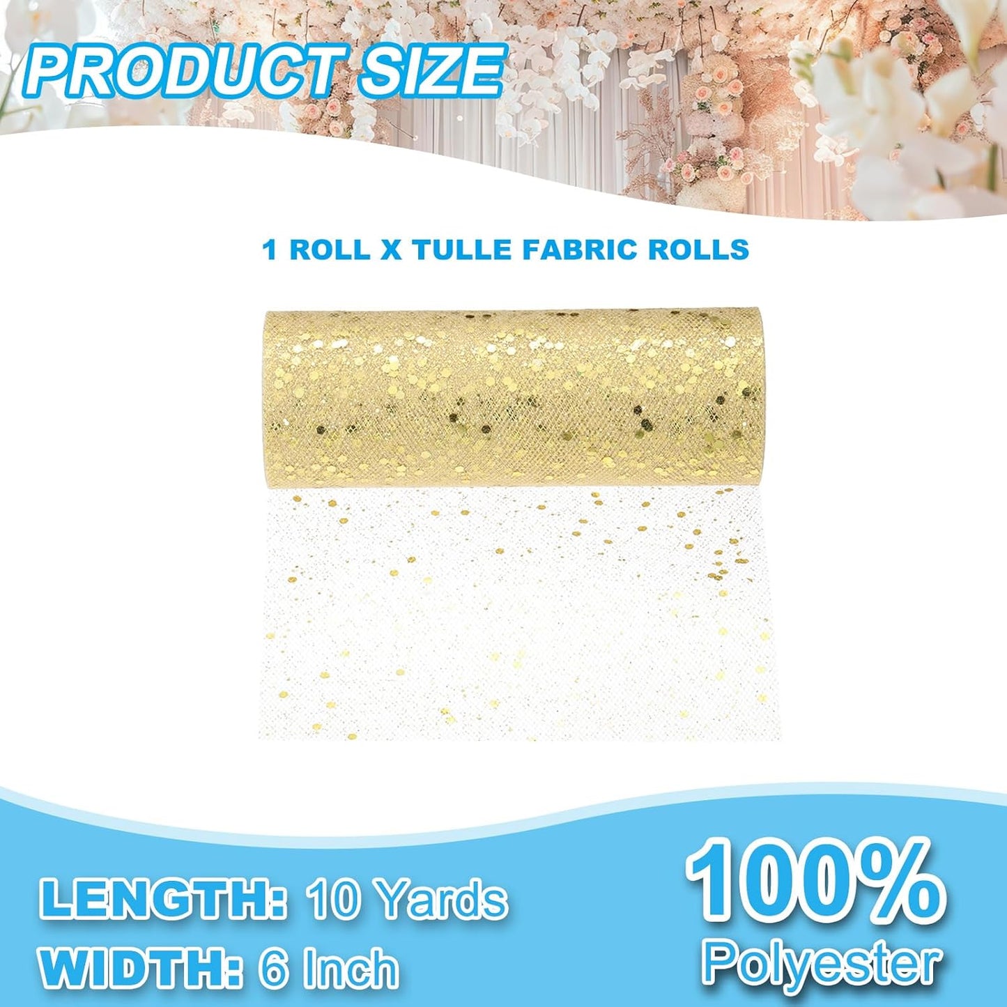 PATIKIL Tulle Fabric Rolls, 6 Inch by 10 Yards Fabric Spool Tulle Sparkling Ribbon Netting Sequin for DIY Tutu Skirts Crafts Wedding Party Decorations, Champagne Gold