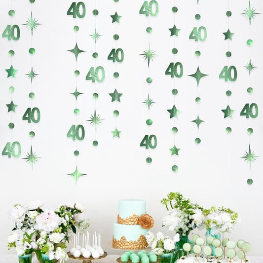 Sage Green 40th Birthday Decorations Number 40 Circle Dot Twinkle Star Garland Metallic Streamer Banner Backdrop for Women Mens Cheers to 40 Years Old Birthday Happy 40th Anniversary Party Supplies