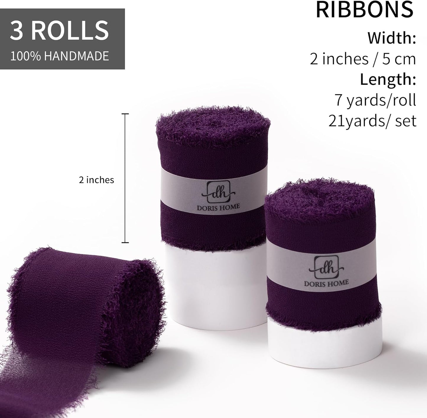 DORIS HOME Plum Chiffon Ribbon for Flower Bouquet, 2" x21Yd Fabric Ribbon for Gift Wrapping, Handmade Frayed Ribbon for Wedding, Chiffon Silk Ribbon for Christmas Decorations