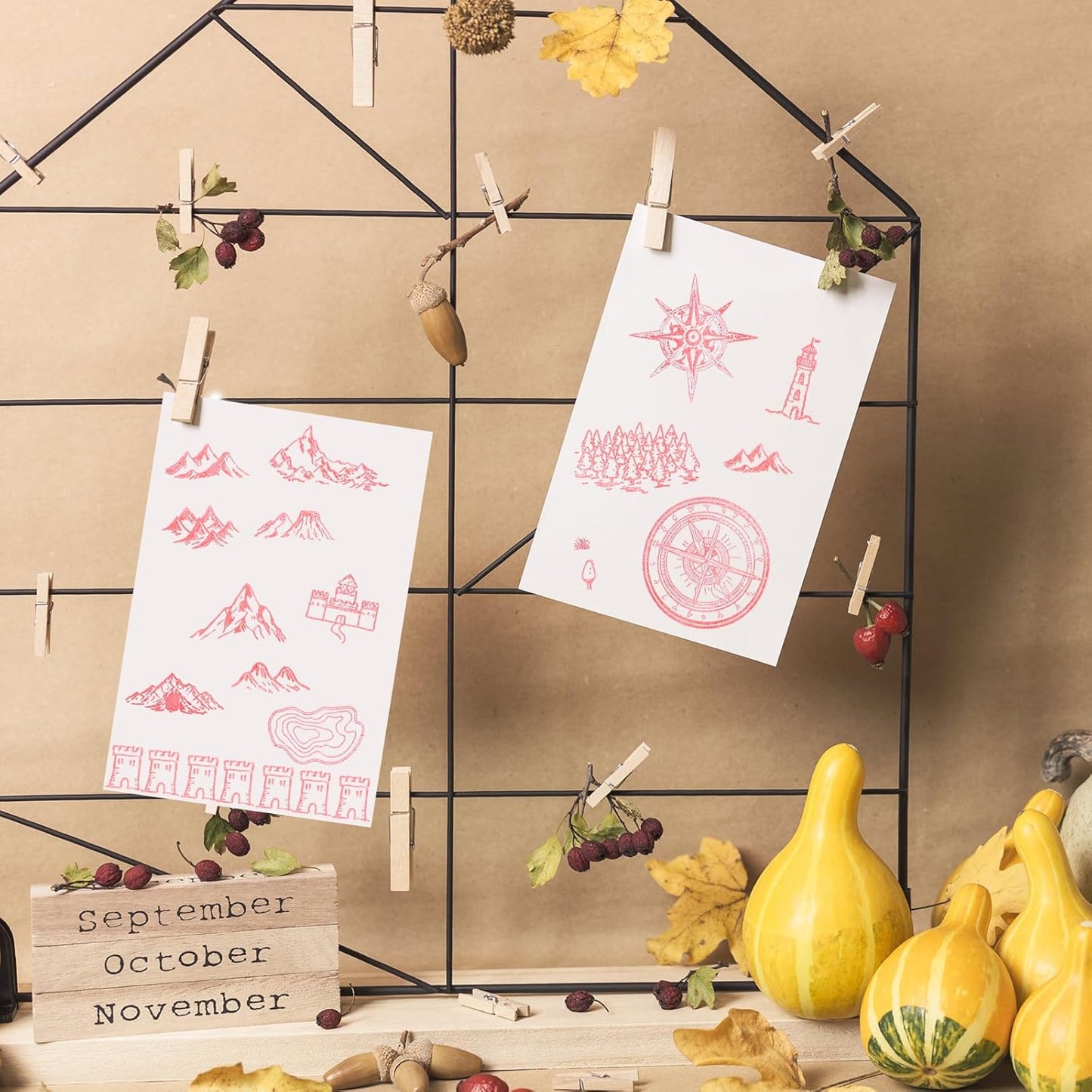 Marspark 24 Pcs Compass Mountains Stamp Combo Map Making Rubber Stamp Kit Compass Outdoor Scenery Stamps for RPG Adventures, Storytelling, and Creative Projects