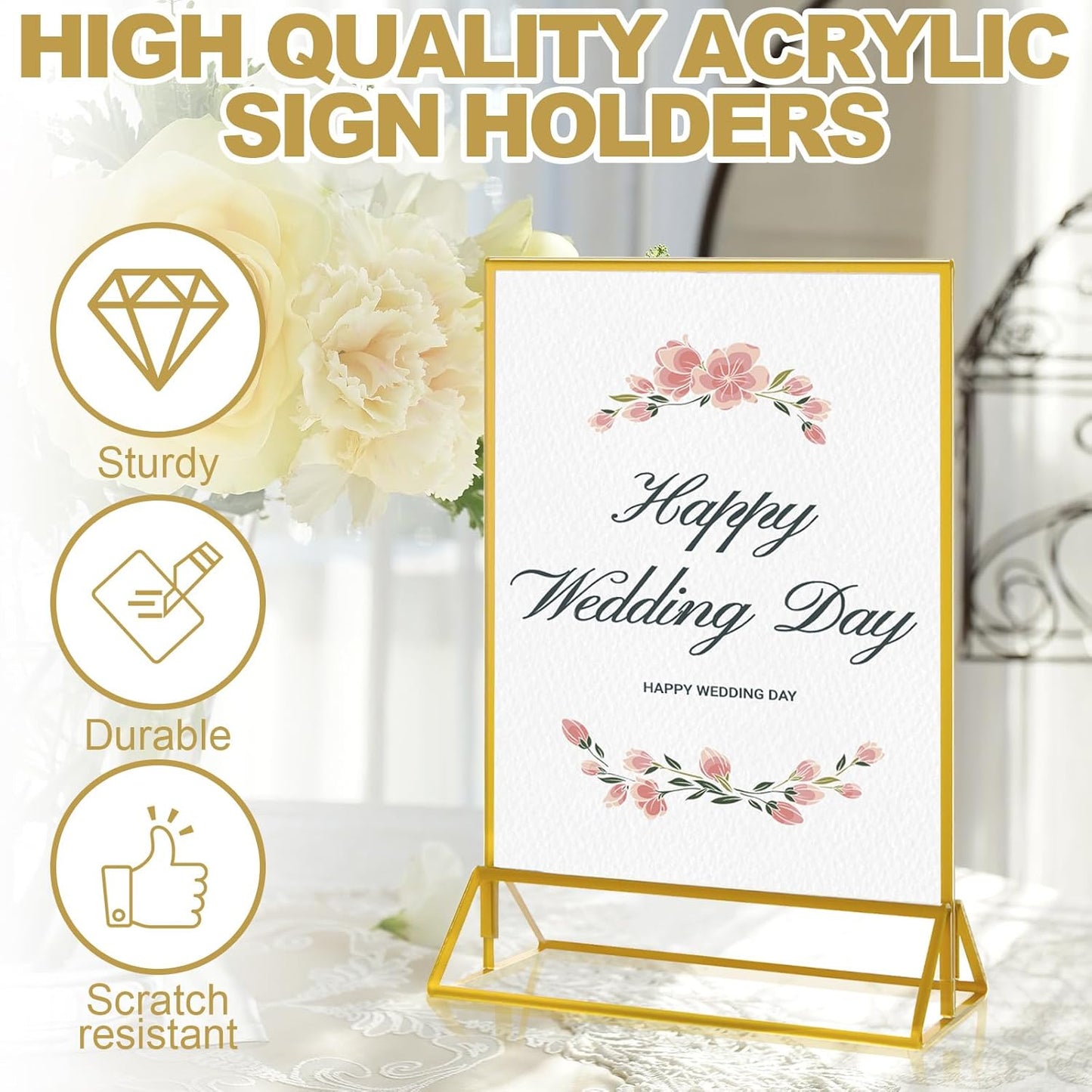8PCS 5x7" Double-Sided Acrylic Sign Holders, Clear Gold Picture Frames, Table Number Holders with Golden Border for Wedding Reception, Centerpiece, Decoration, Party