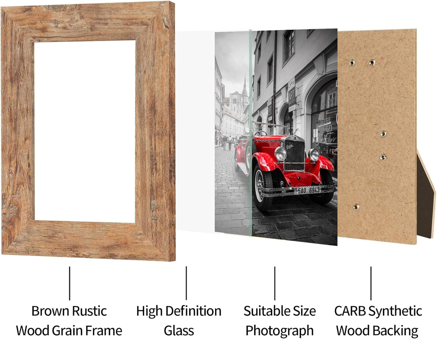 5x7 Picture Frame Set of 4, High Definition Real Glass 5 x 7 Photo Frames for Desktop Display and Wall Mounting(Distressed White+Oak+Rustic Brown+Black)