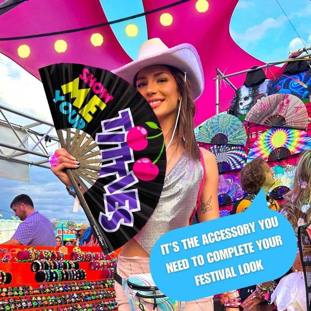 Kandies World UV Reactive Custom Festival Folding Hand Fan - Unique Designs, Made of Bamboo, Clacking Sound, Lightweight - Perfect Rave and Festival Accessory!