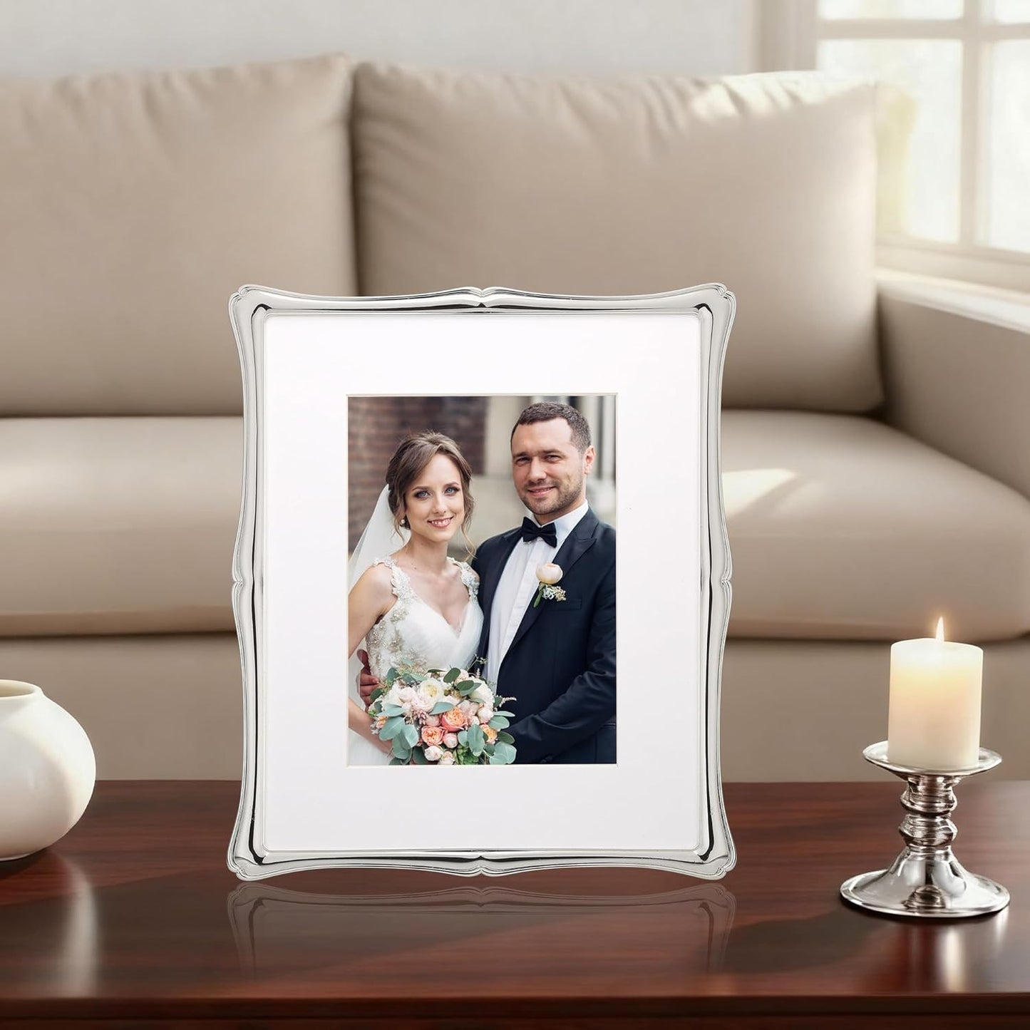 8 x 10'' Premium Alloy Silver Photo Frame with 5x7'' Mat - Luxury Hi End Display Picture Frames 5x7'' with Black Velevt Back