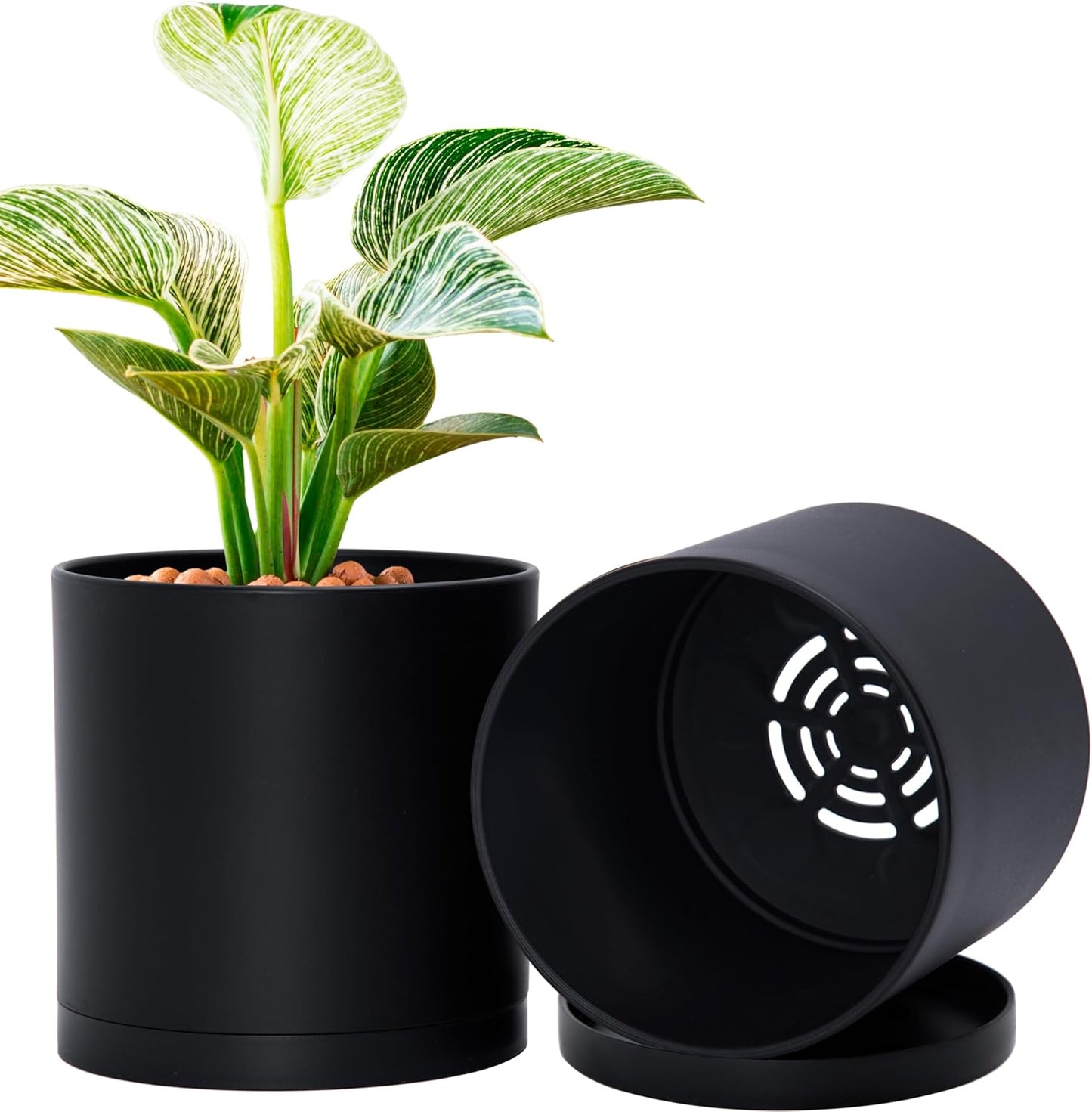 D'vine Dev 2 Pack 6 Inch Modern Plastic Plant Pots, Small Garden Planters for Plant with Drainage Holes and Saucers, Black Color, 74-Y-J-1