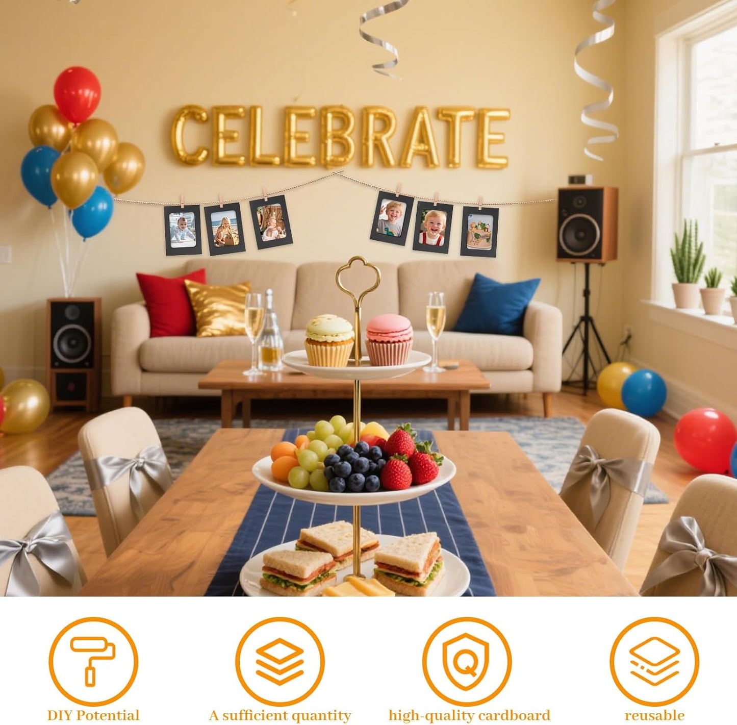 100 Pack Paper Picture Frames, 4x6 Inch Photo Strip Frame Hanging Photo Display Banner, Black Photo Holder with Wooden Clips and String for Wall Decor and Party Supplies