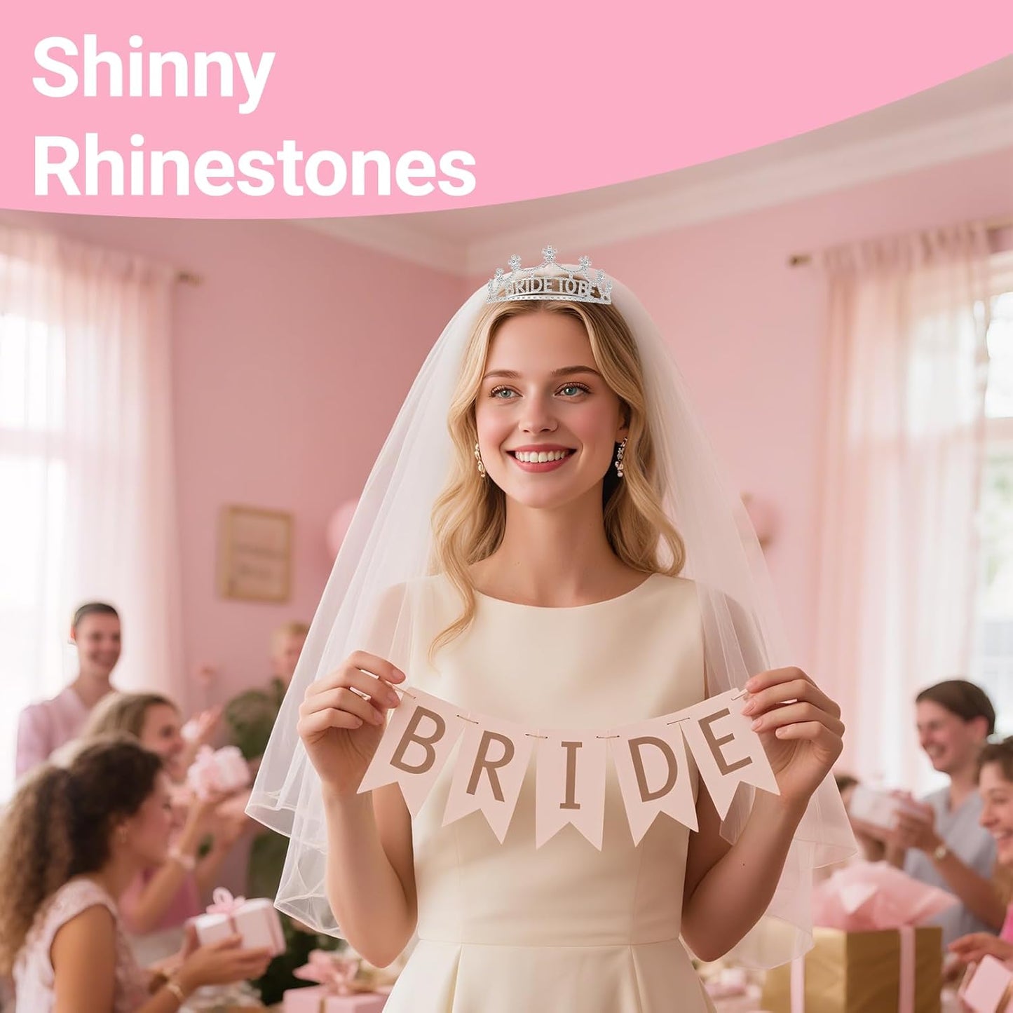 3Pcs Bride to Be Crown with Sash and Veil for Bachelorette Party Decorations，Bridal Shower Accessories for Gift, Favors