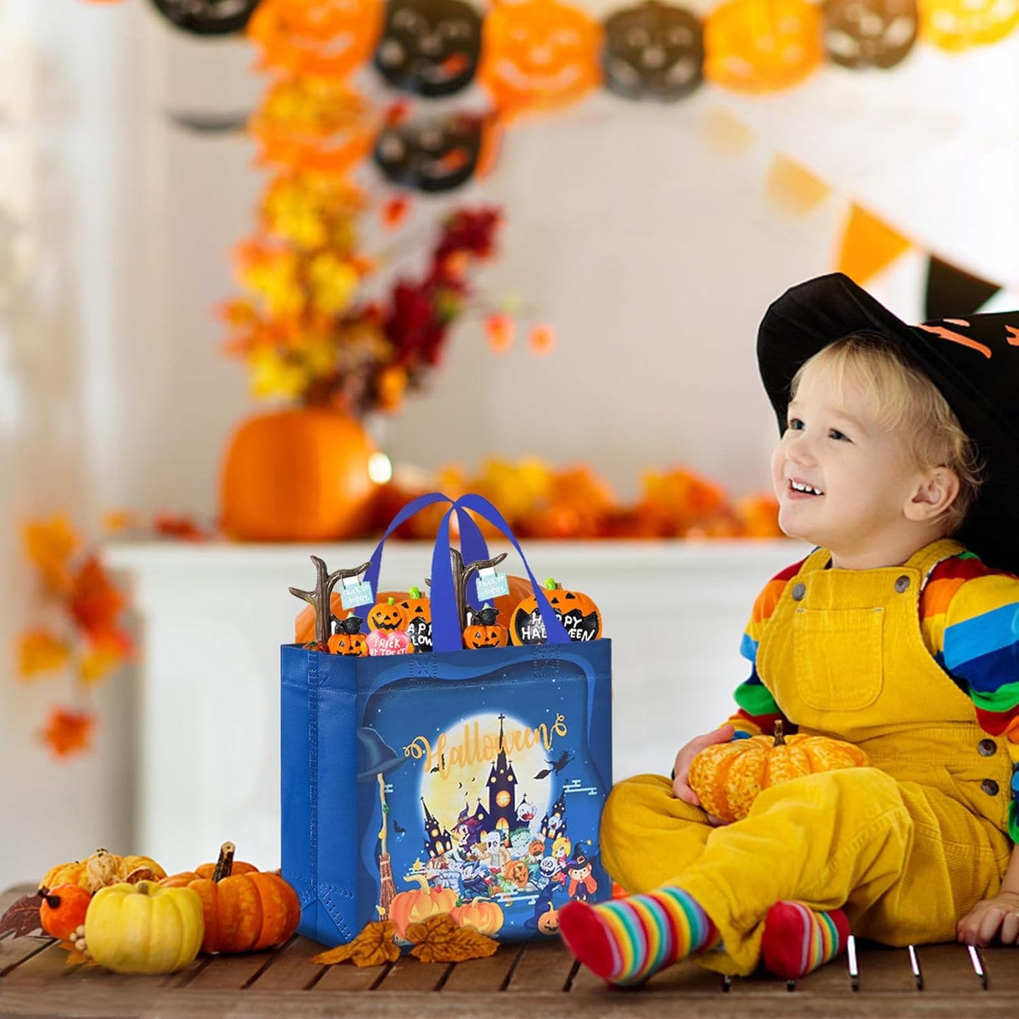 AhfuLife 8 Pcs Halloween Trick or Treat Bags, Candy Tote Bags with Handles, Reusable Non-Woven Gift Bag for Halloween Party Supplies Favors (7.8×7.8×3.1’’)